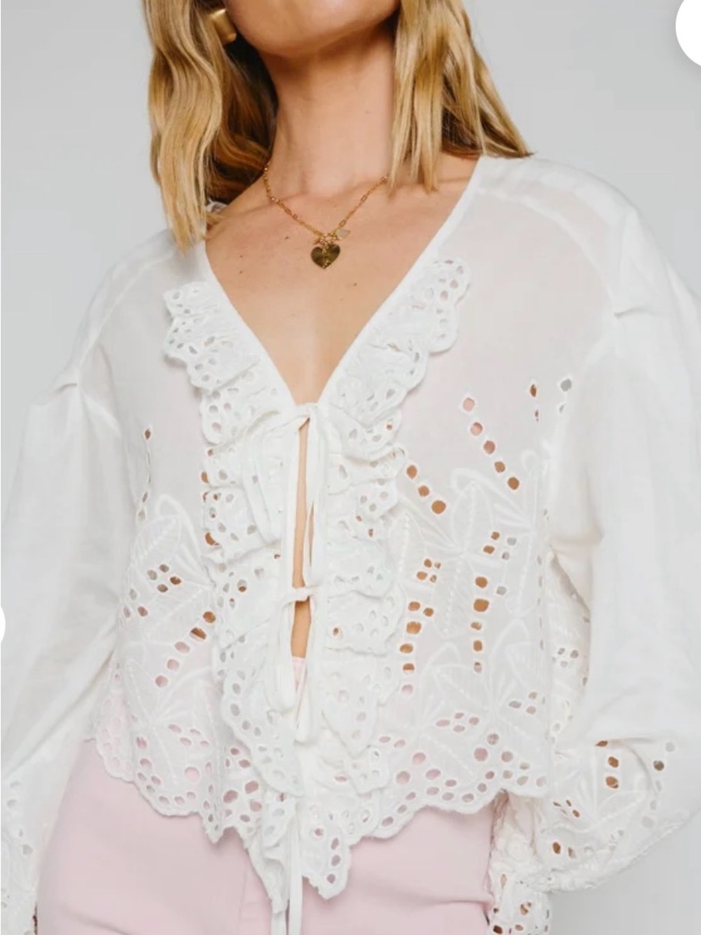 vestique Beverly Hills Top - White Eyelet Ruffle Tie-Front Blouse